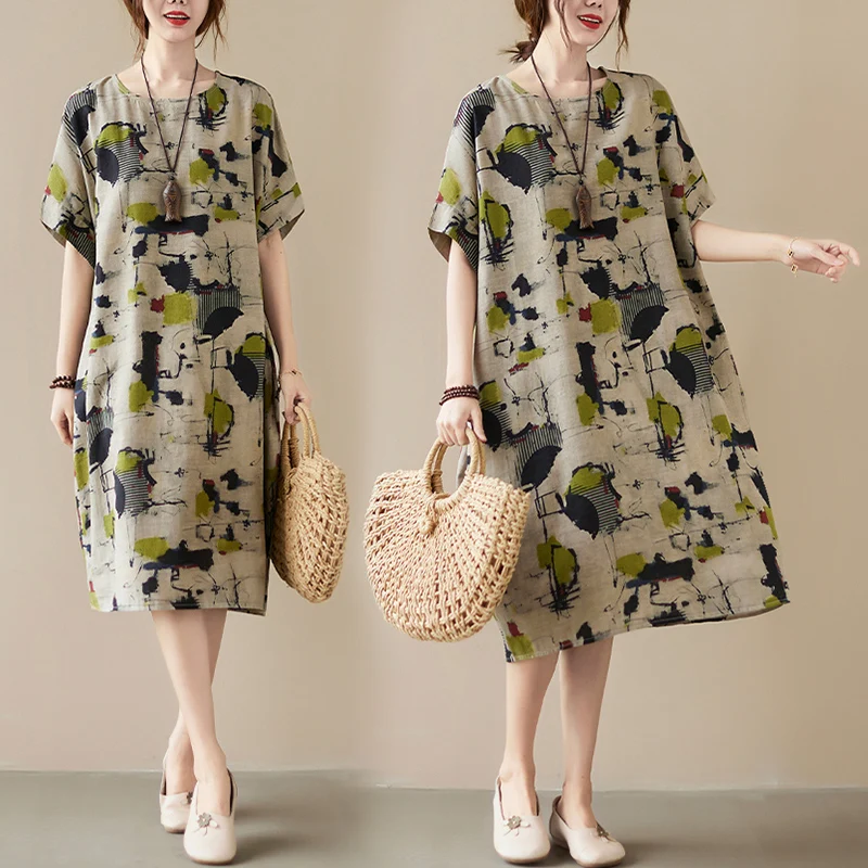 

Новая летняя женская юбка трапециевидной формы из хлопка и льна с принтом больших размеров ort Sve round Ne средней длины, свободная посадка для поездок на работу