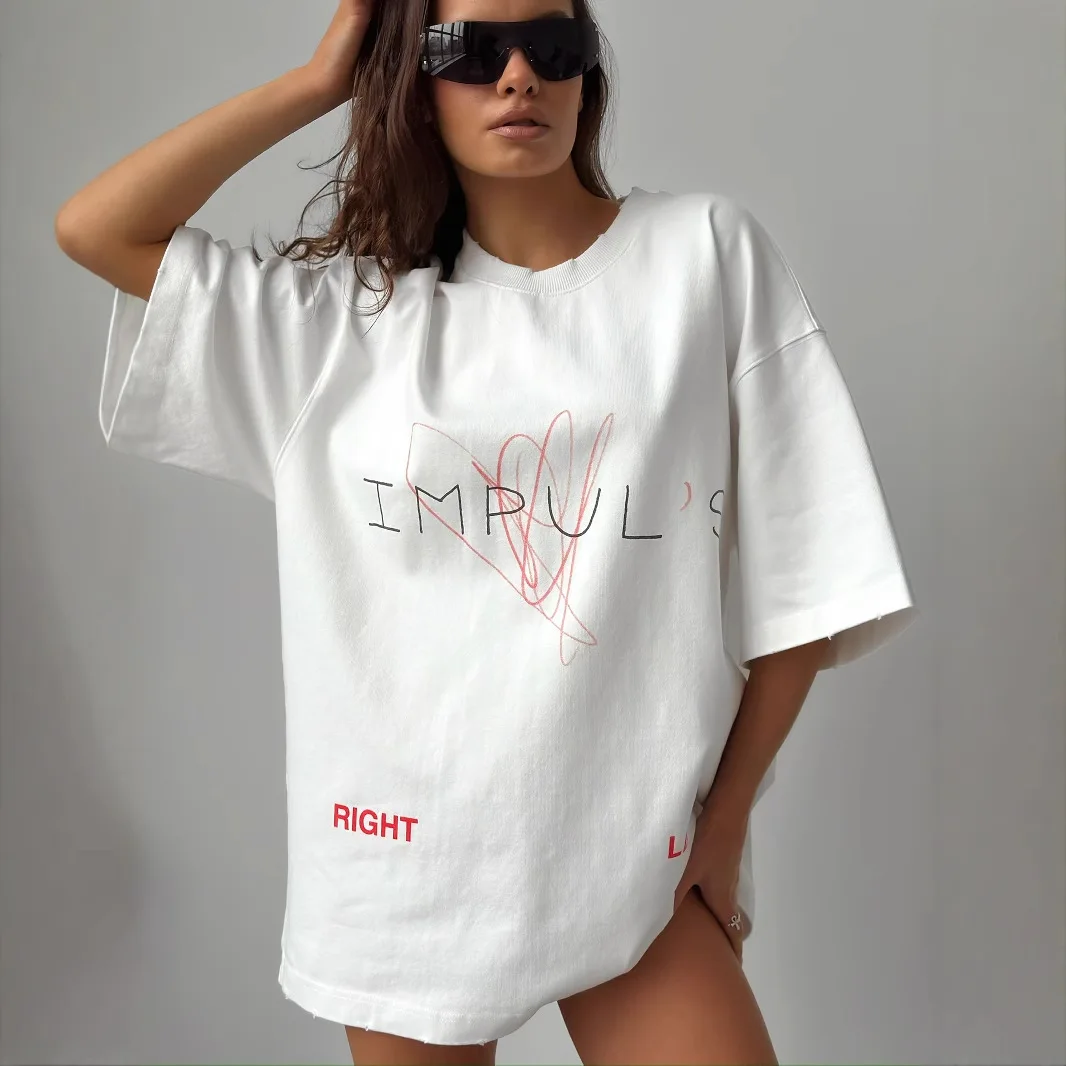 เสื้อยืดคอกลมลายตัวอักษรสำหรับผู้หญิงหลวมลำลองอเนกประสงค์แขนสั้นเสื้อยืดสไตล์นิชอินเทรนด์