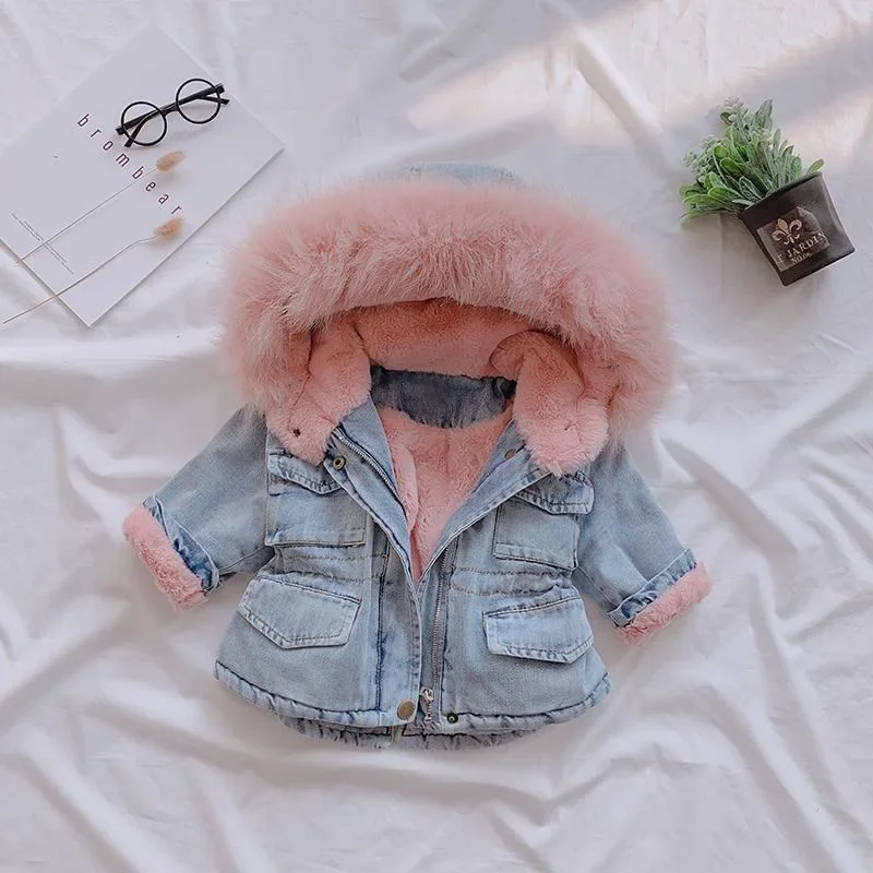 Kids Jackets for Girls Parka Children Clothing Winter Baby Girl Warm Thick Denim Jacket Fur Hooded Toddler Outerwear Cotton