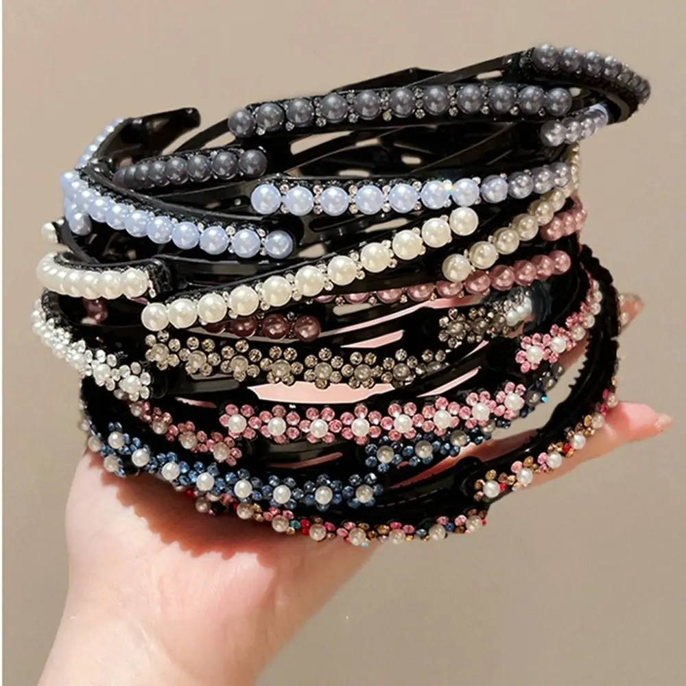 Cute Foldable Rhinestone Headband Flower Extendable Pearl Hair Band Thin Face Wash Hairband Female Hair Accessories