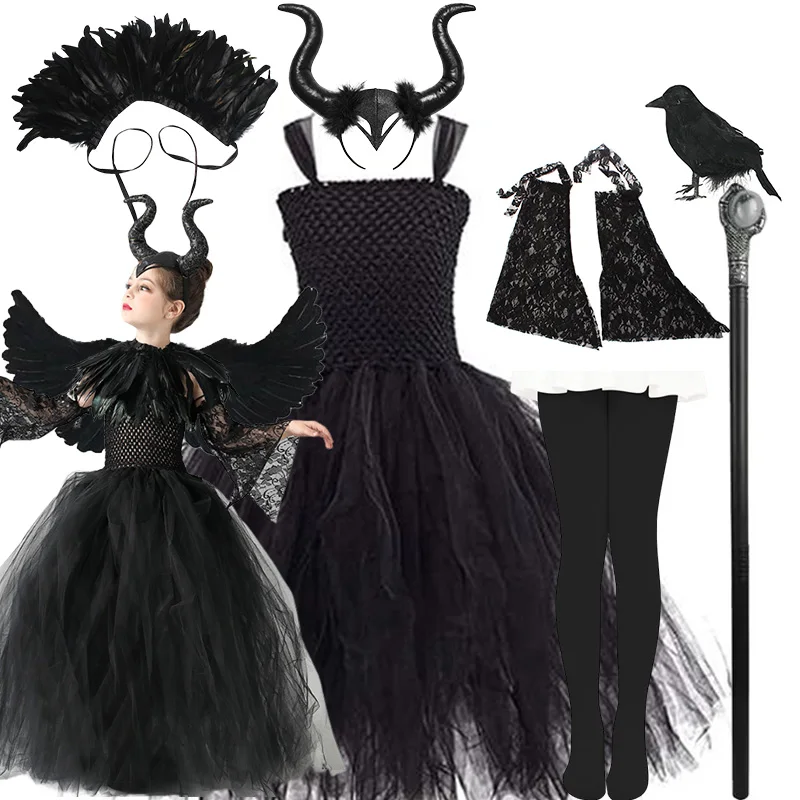 أزياء الهالوين Maleficent للفتيات أزياء تنكرية للملكة الشريرة أزياء الساحرة الشيطان شبكة سوداء فستان الأميرة أجنحة الطيور 12 سنة