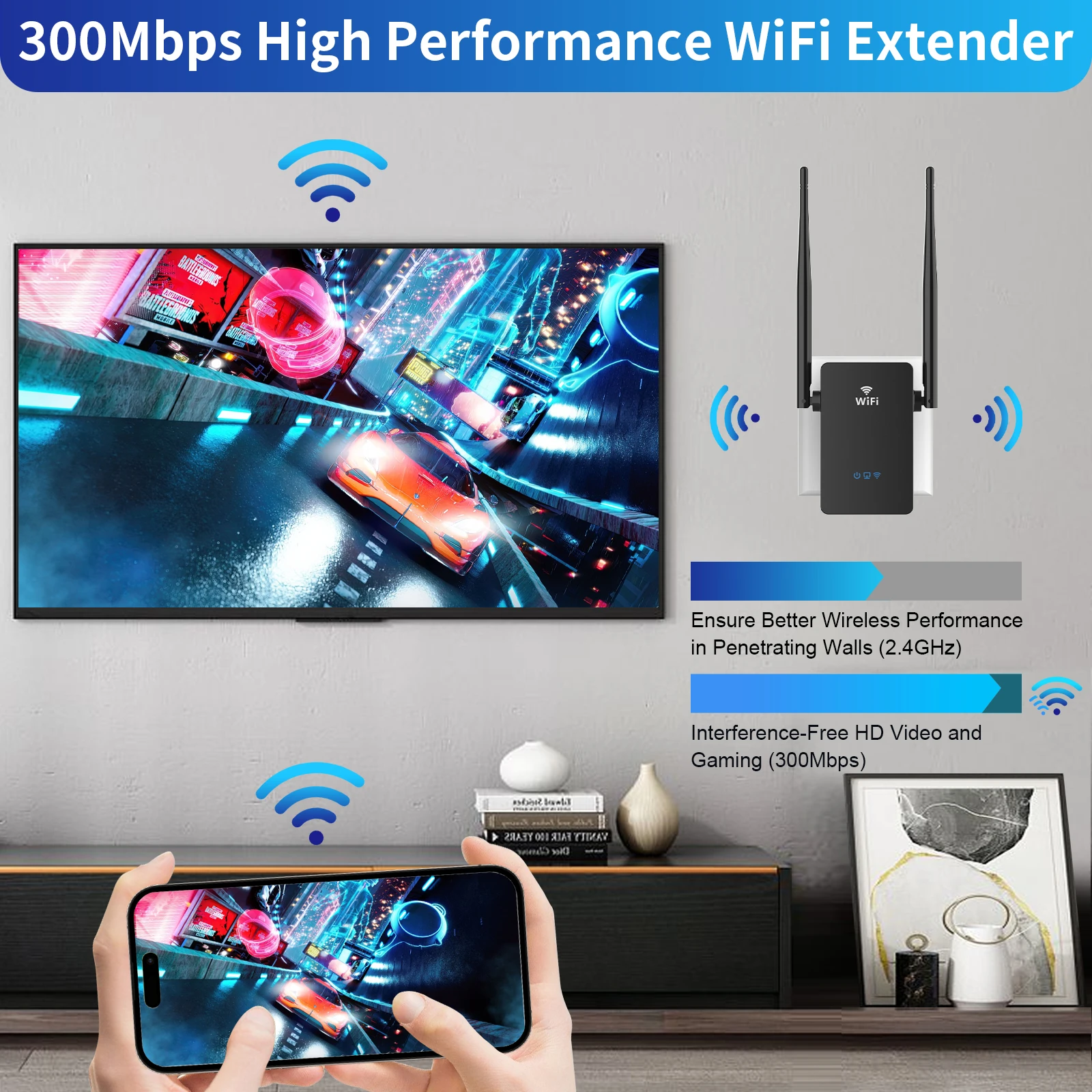 300Mbps WiFi Repeater 2.4G Black Wireless WiFi Range Extender Router 2*3dBi Antennas Signal Home Amplifier EU Plug Repetidor