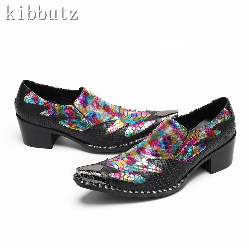 

Luxury Multicolor Snake Pattern Men Loafers Metal Toe Slip On High Heels Oxford Shoes Height Increase Party Wedding Shoes