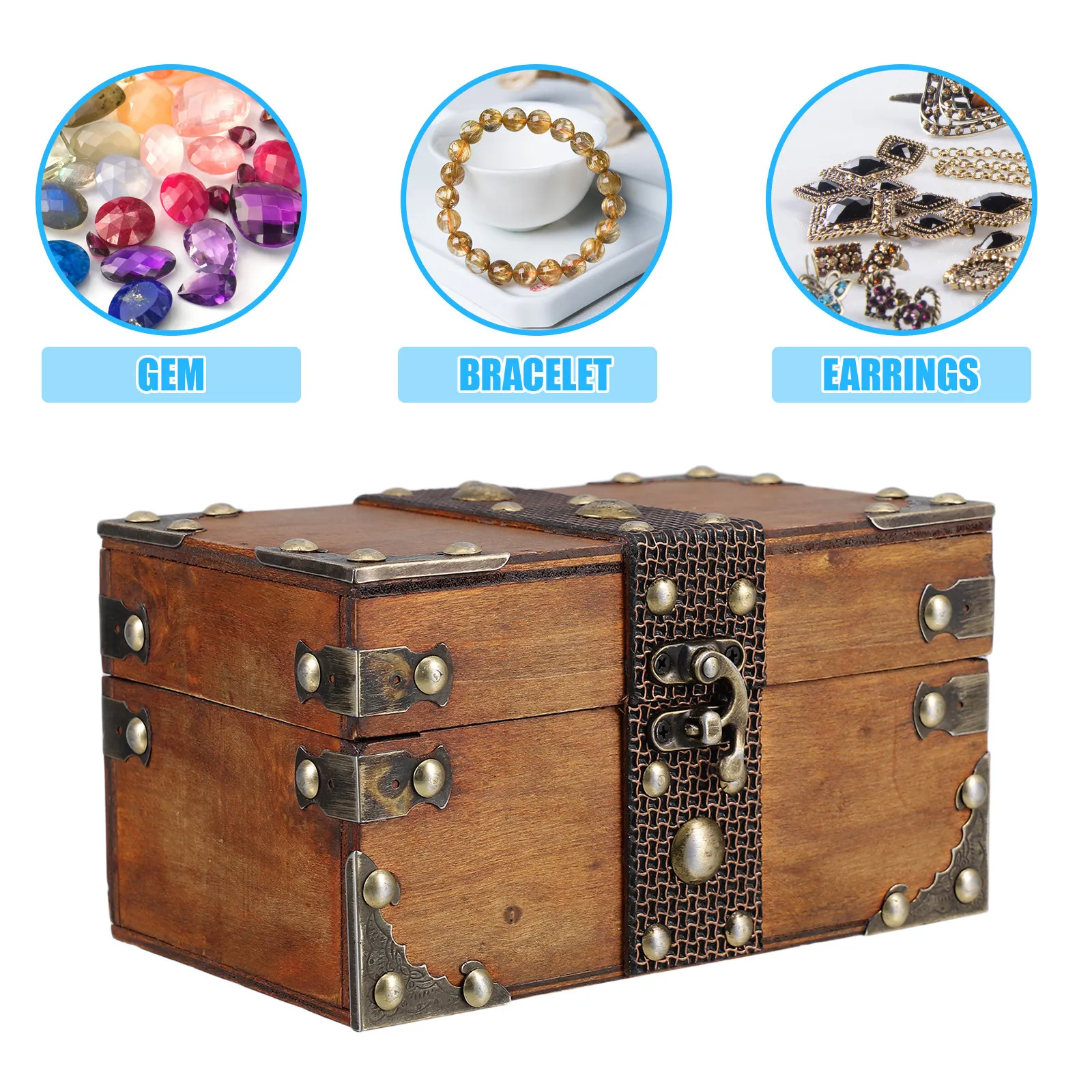 Retro Wooden Treasure Chest Vintage Decorative Storage Box for Jewelry Keepsakes Small Treasures Office Bedroom Living Room