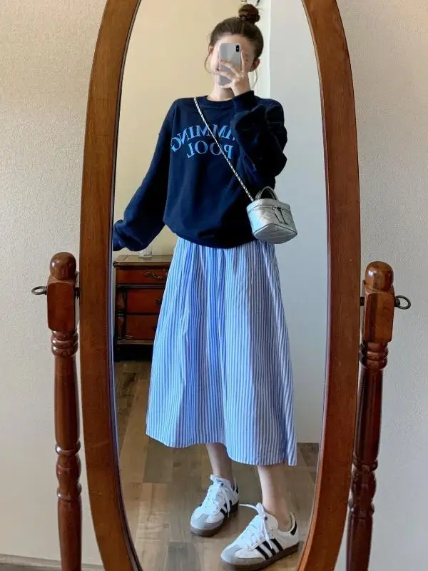 

Fall Women's Oversize Sweatirt Striped ter Ne Dr Two-Piece Set Korean Sle Loose Fit Casual Faion Ensemble