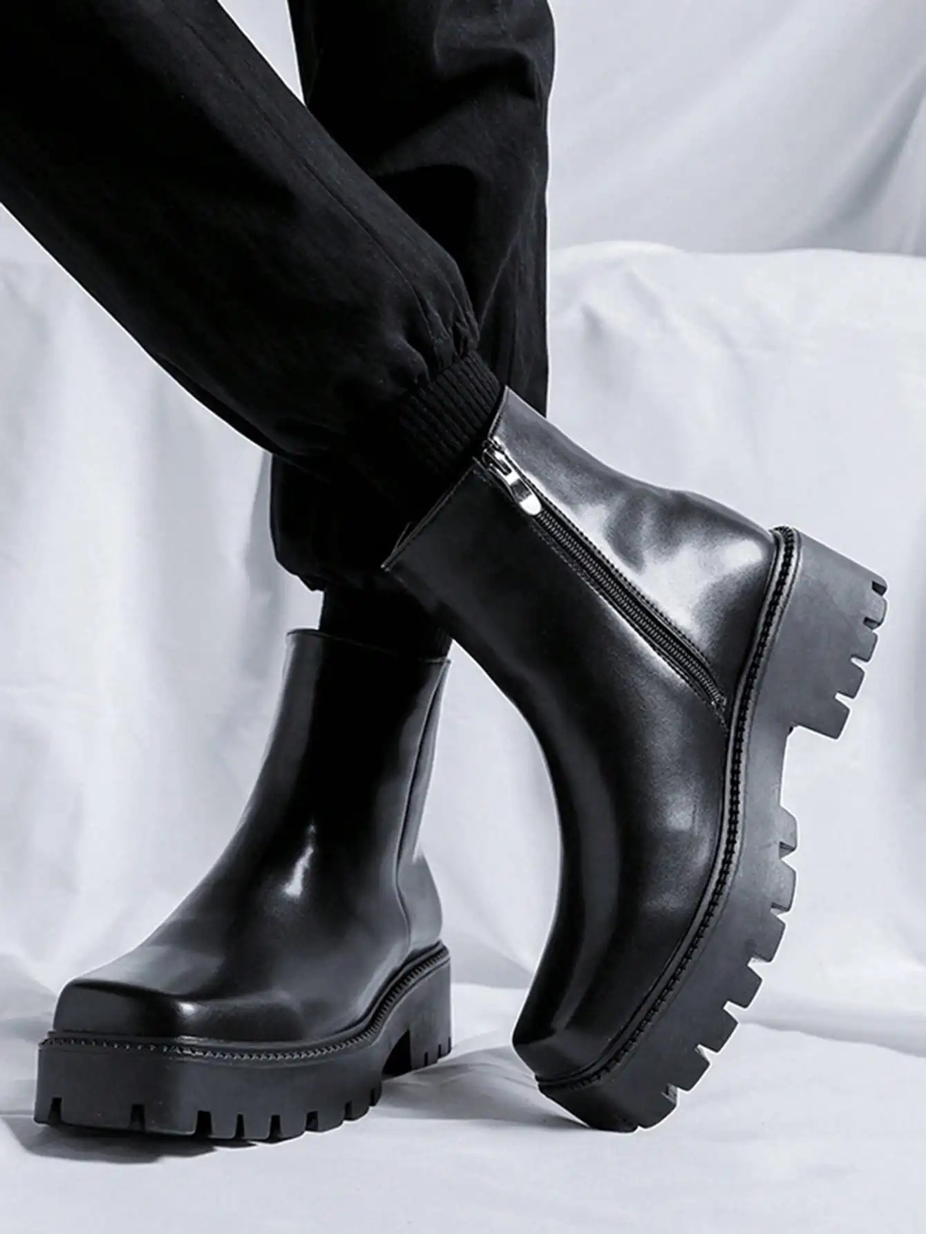 أحذية تشيلسي للرجال بسوستة جانبية سميكة بمقدمة مربعة #3