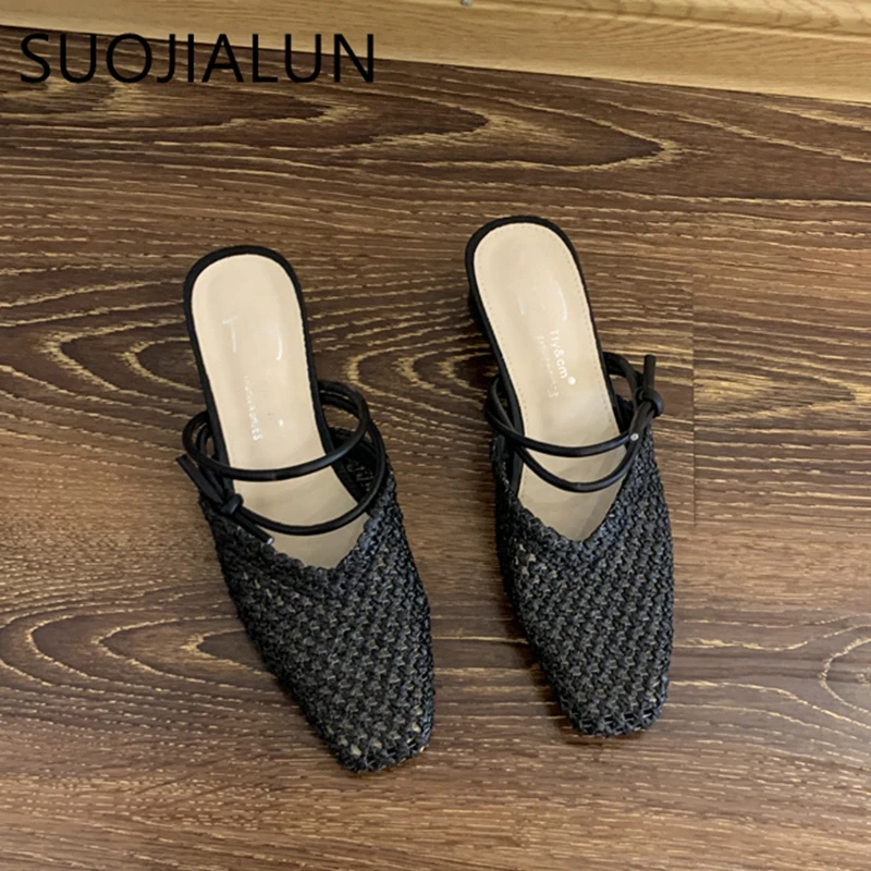 SUOJIALUN Summer New Women Slip On Mules Shoes Fashion Cane Weave Ladies Sandal Shoes Square Low Heel Outdoor Casual Slipper