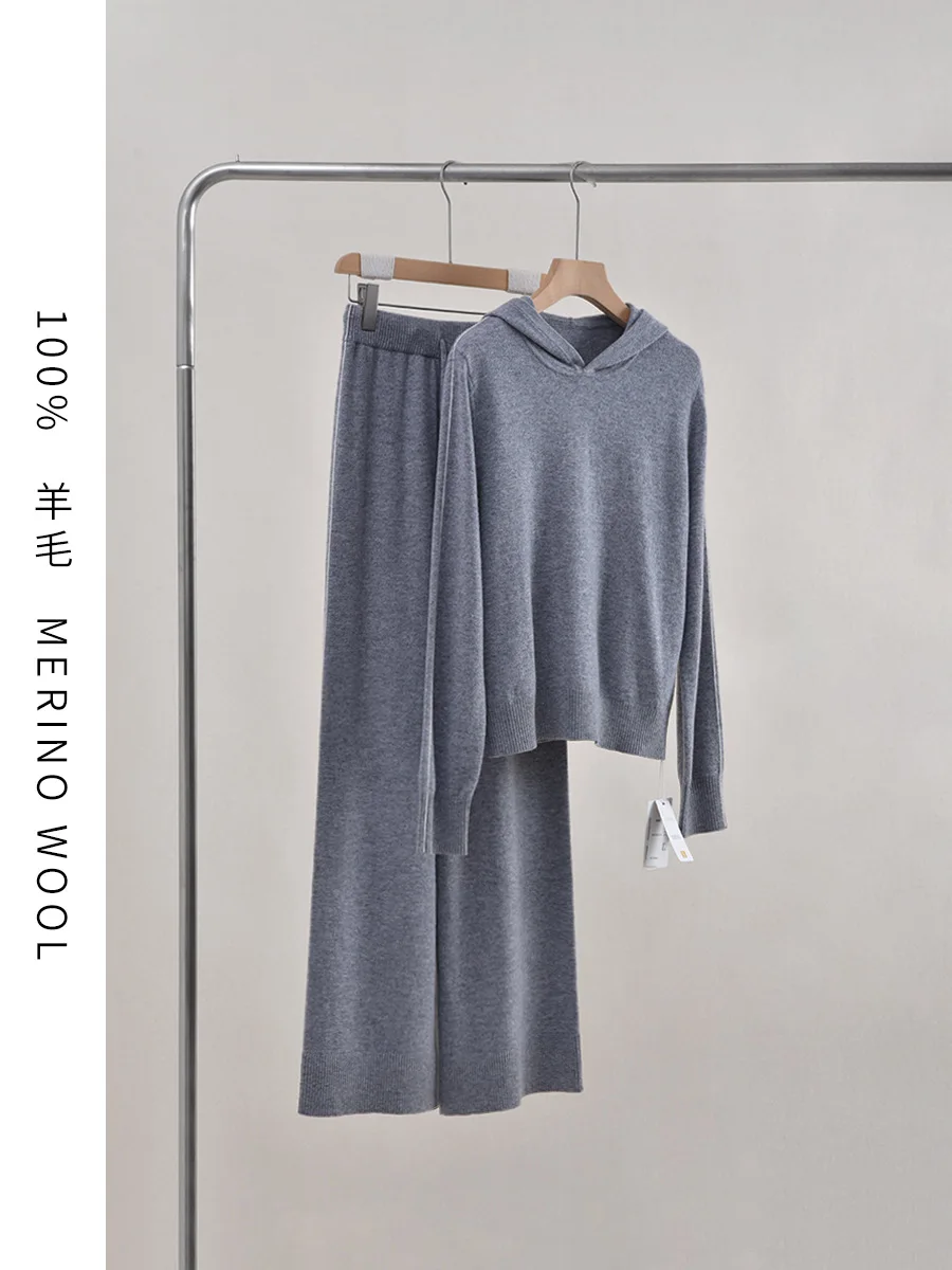 Women's Set 2024 New Spring Autumn Wool Solid Color Casual Long Sleeve Hooded Pullover or Loose Long Pants