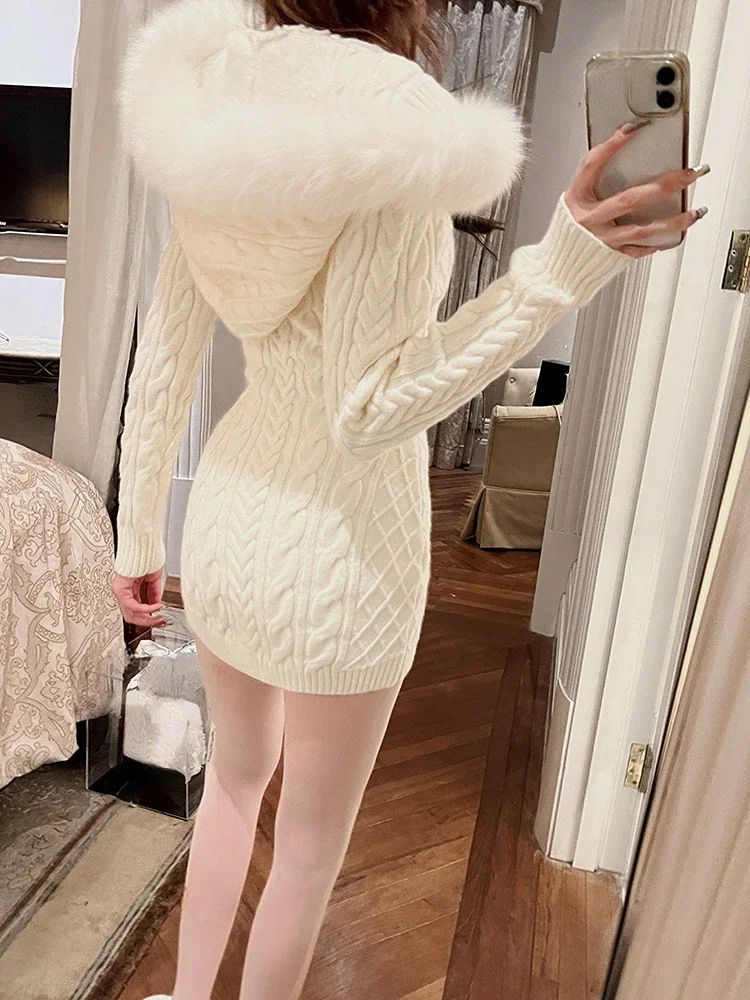 

2025 Winter Knitted Sweater Dress with Hooded Women Slim Bodycon Y2K Mini Dress Faux Fur Female One Piece Dress Korean Elegant