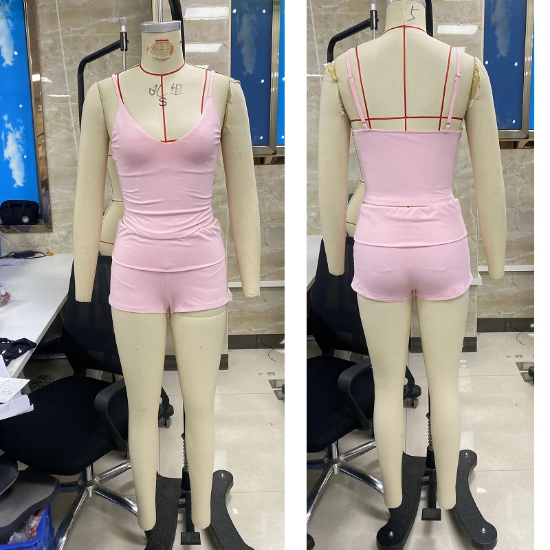 Women Solid Color Shorts Set, Sleeveless V-neck Camisole Top with Elastic Waist Shorts 2pcs Clothes Sets,Casual Style,Clubwear