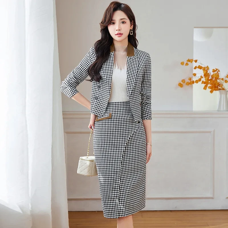 Office Plaid Outfits Blazer And Skirt For Women Green Black Double Breasted Fashion 2 Piece Set Business Elegant Lady Skirt Suit