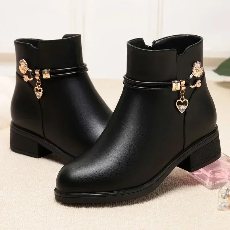 Winter Boots Women's Waterproof Warm Leather Mother Cotton Boots Fashion Black Mid heel Plush Snow Boots Soft Sole Short Boot image 2