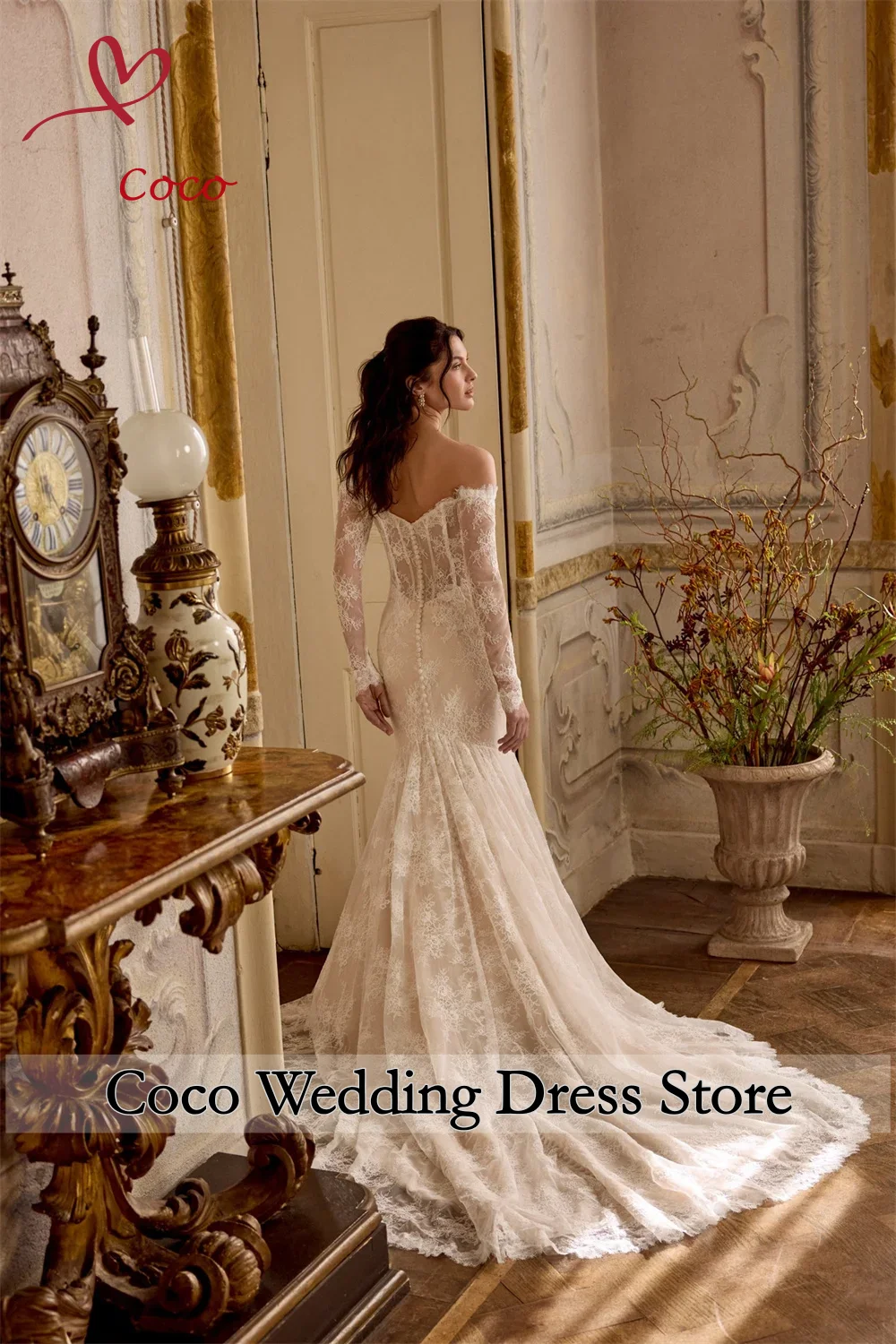 Customised Luxurious Lace Wedding Dress Off Shoulder Long Sleeve Mermaid Floor Length With Cathedral Train Vestido De Novia