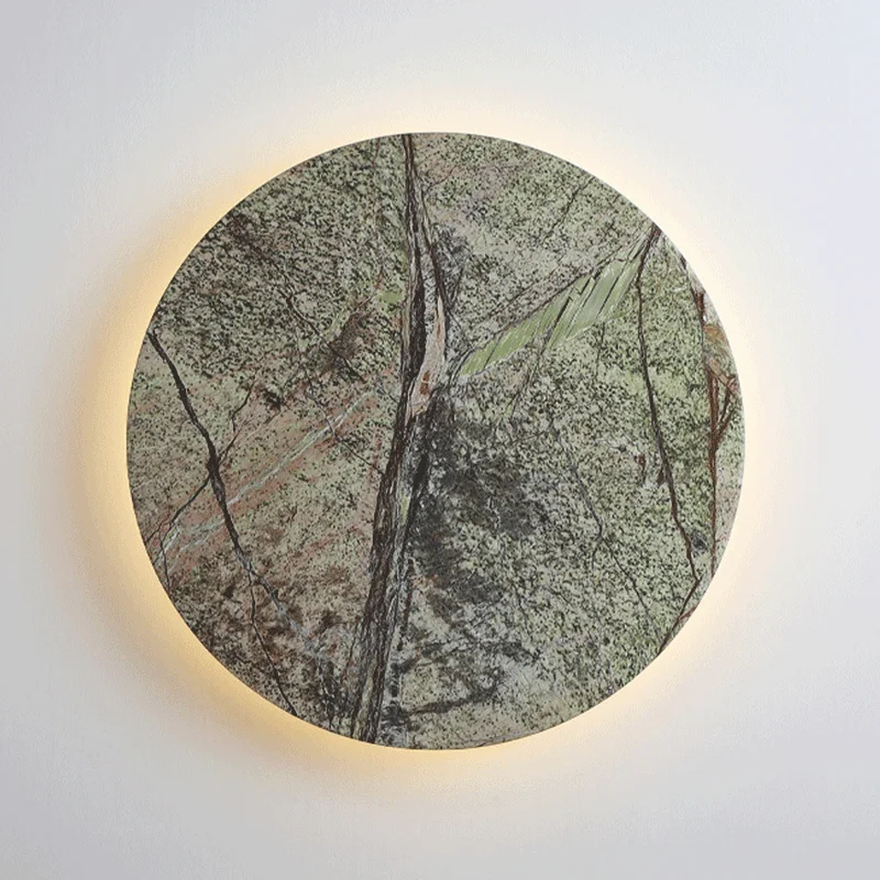 Vintage Round Shape Natural Green Stone Art Decoration Wall Lamps LED Bedroom Bedside Study Sconces