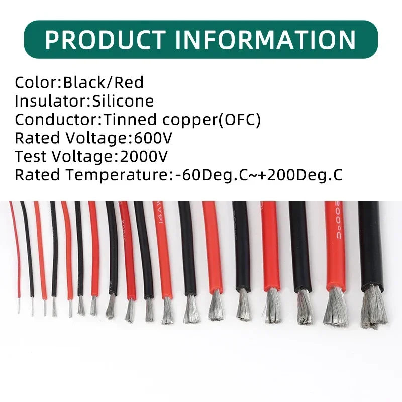 1/5M Flexible Silicone Wire30 28 26 24 22 20 18 16 14 12 10 8AWG 2 pin Black Red Automotive Led lamp Soft Electric Cables