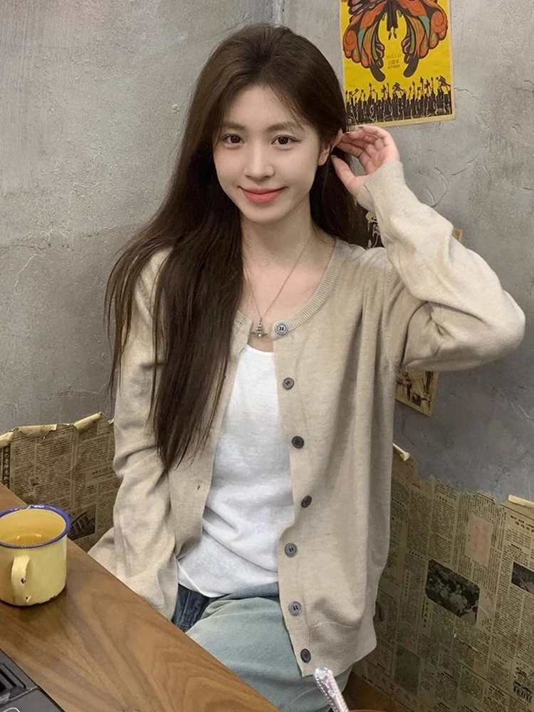 

Весенний корейский вязаный кардиган для женщин: модный, свободный, тонкий, короткий, повседневный, с V-образным вырезом, с длинными рукавами