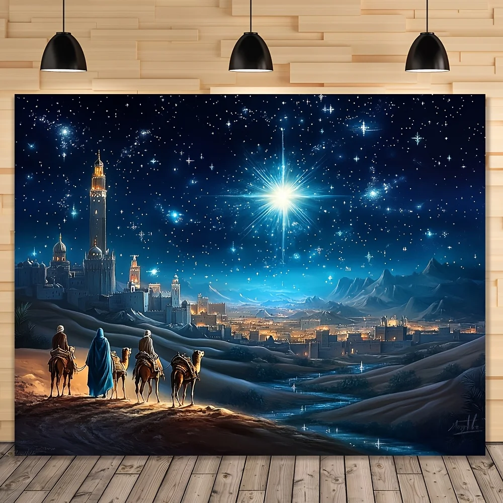 1pc Holy Family Nativity Scene Backdrop, Polyester Photography Background with Three Kings, Machine Washable, Easy Hang, No Elec