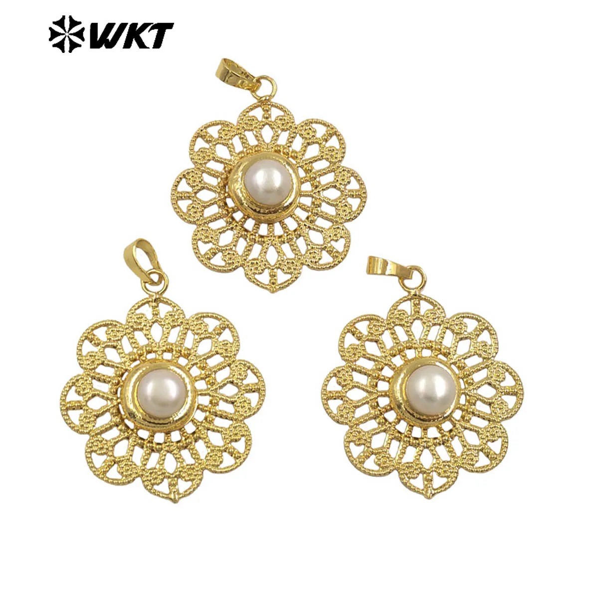 

WT-JP367 2024, красивый полый кулон с цветком и круглой жемчугом, инкрустированный средством, позолоченный 18 карат, изысканные ювелирные изделия высокого класса