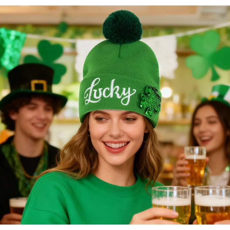 Costumes and Props Lucky Charm Beanie for Adults - Embroidered Four Leaf Clover Hat for St. Paddy's Day Party