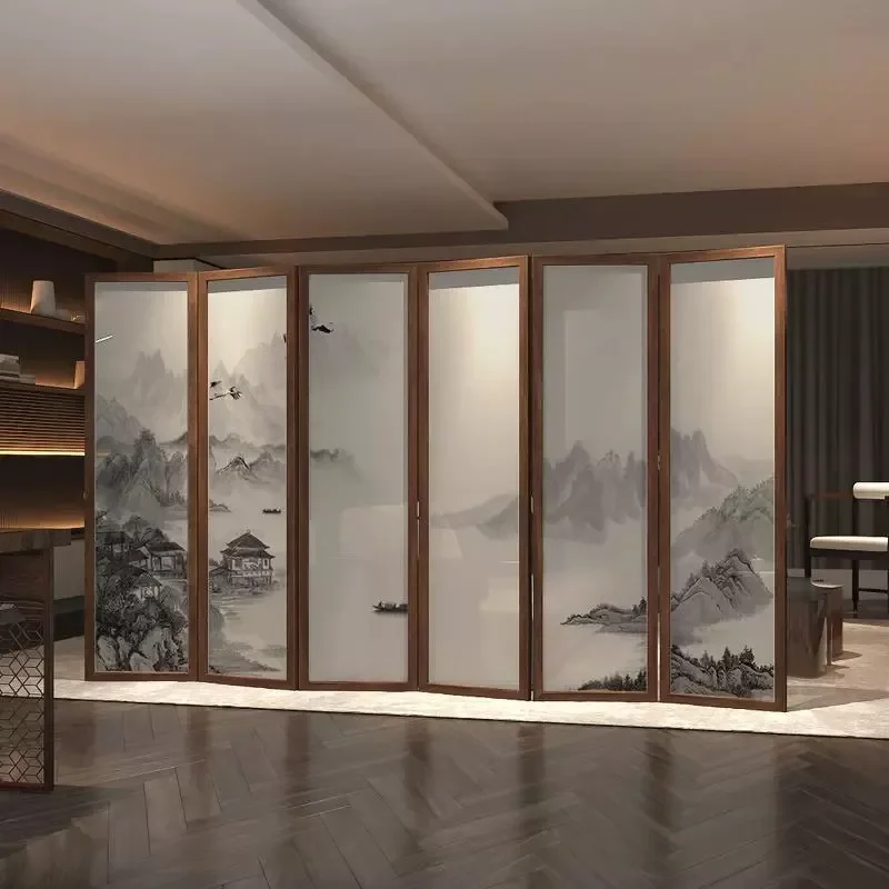 New Chinese Style Solid Wood Screen Partition Folding Mobile Landscape Divider for Living Room Entrance Office Tea Room Attic