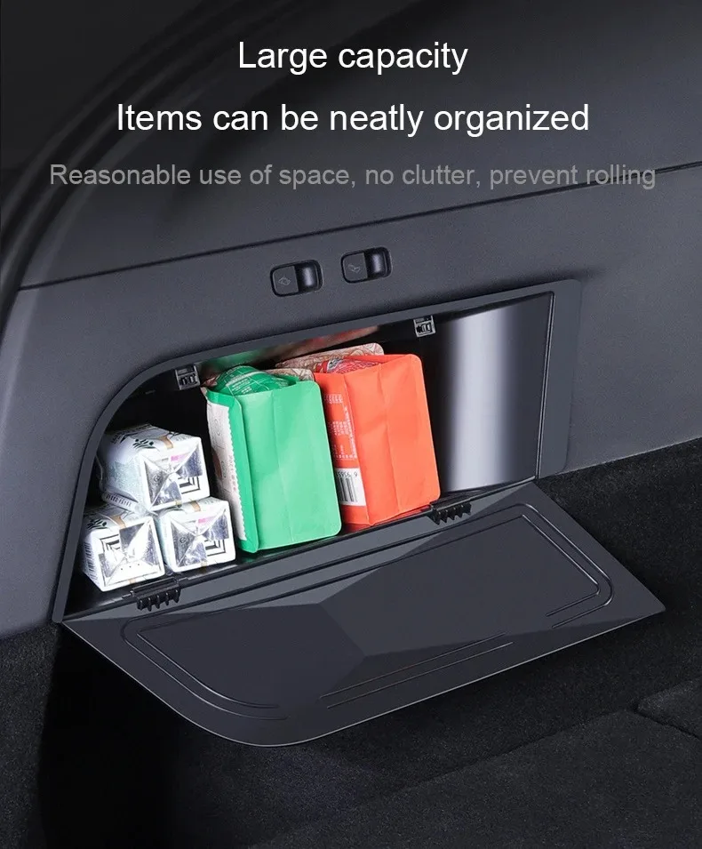 For Tesla Model Y 2021-2024 Trunk Organizer Side Storage Box with Cover Tail Boot Organizer Waterproof Garbage Bins Car Interior