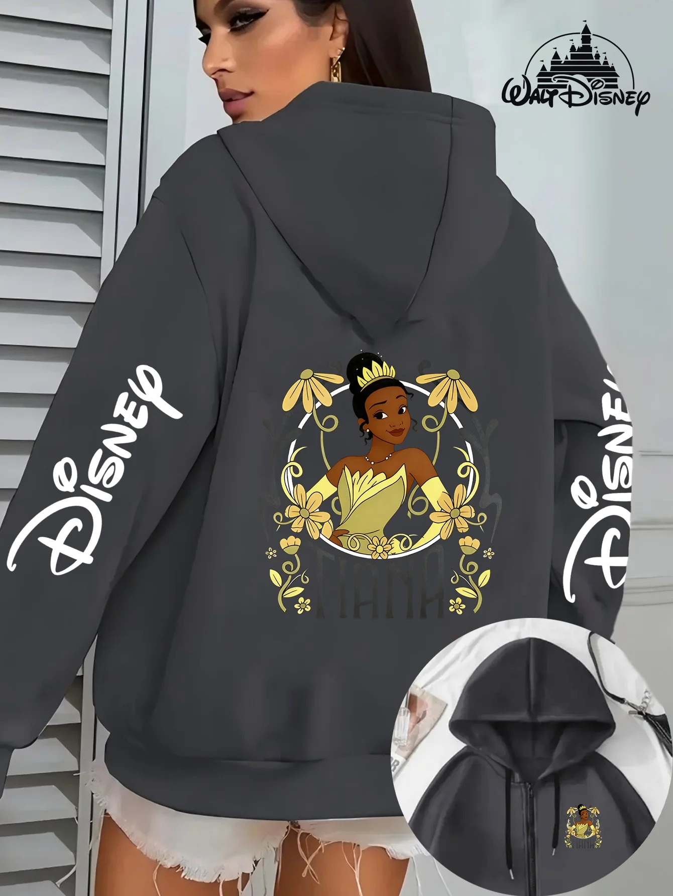 Sudadera con capucha para mujer con estampado de la Princesa Disney y el Sapo Tiana, talla grande, informal, 100% algodón, para uso diario al aire libre