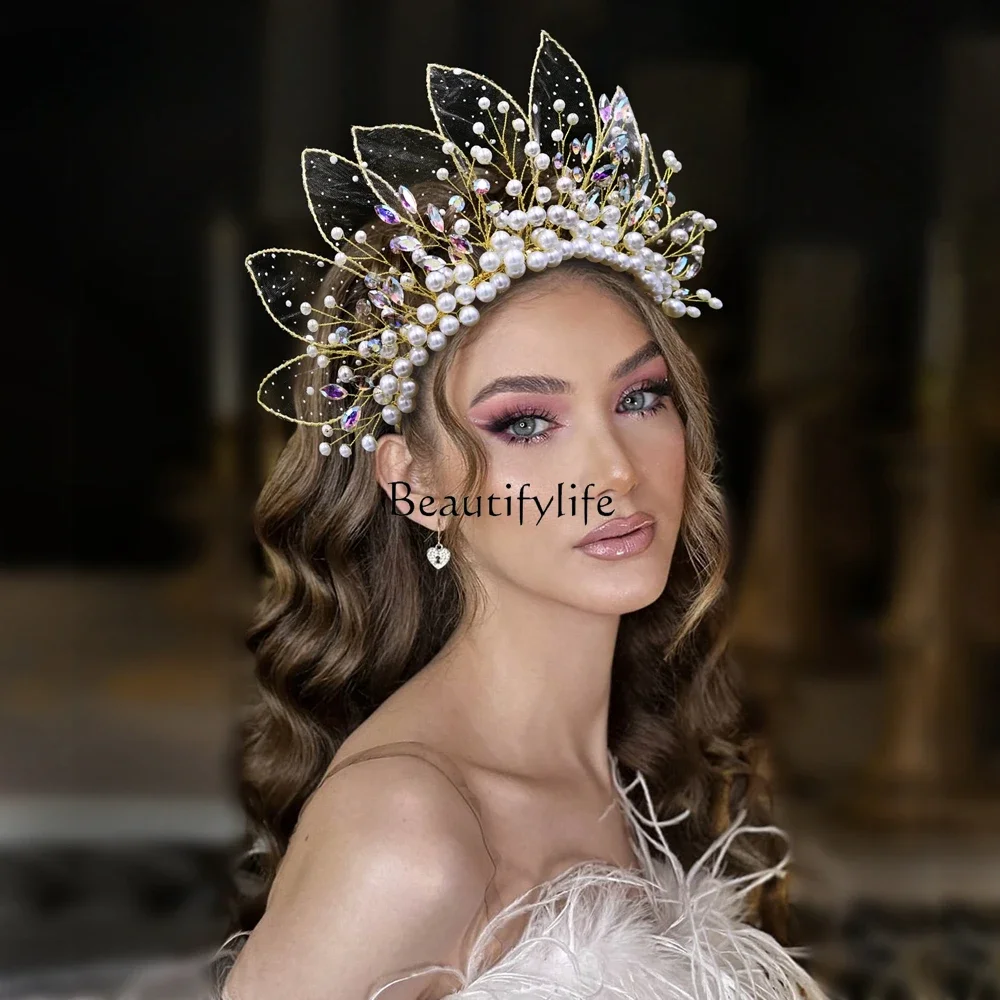 Xianmei Mesh Leaf Shaping Pearl Symphony Rhinestone Crown Birthday Headgear Handmade Headband