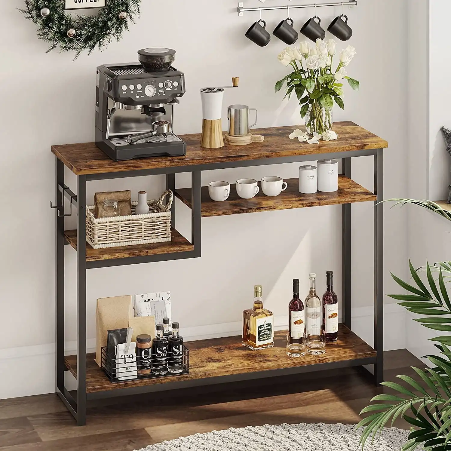 

Narrow Console Table Buffet Sideboard Side Desk Entryway Table with 4 Storage Shelves 2 Hooks Rustic Sturdy and Durable