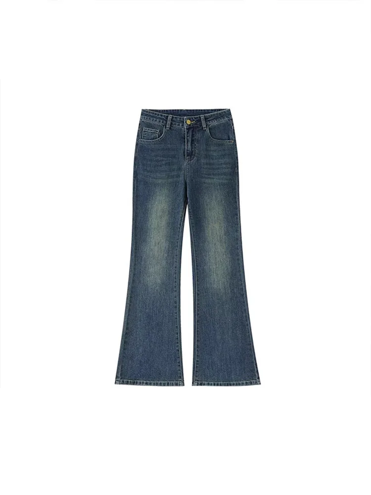 레트로 블루 페이스라이닝 플레어 진 여성용 신축성 높은 하이웨이스트 슬림 부츠컷 팬츠 캐주얼 코튼 블렌드 데님