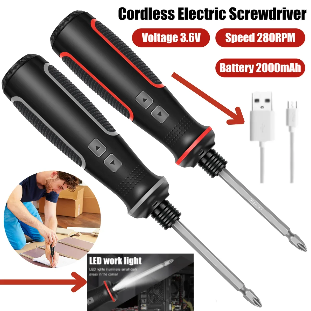 

Electric Screwdriver Rechargeable Cordless Screwdriver with LED Light 1.5/10N.m Power Manual Screwdriver for Carpenter Repair
