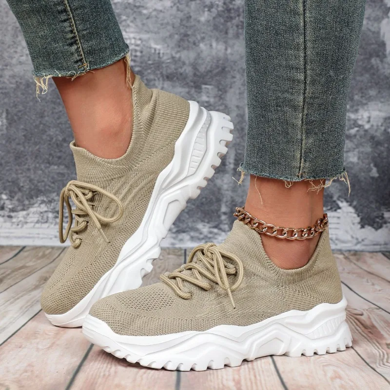 

Fashion Stretch Knitting Sneakers for Women 2025 Autumn Couple Lace Up Non Slip Flats Casual Sports Shoes Woman Plus Size 35-43