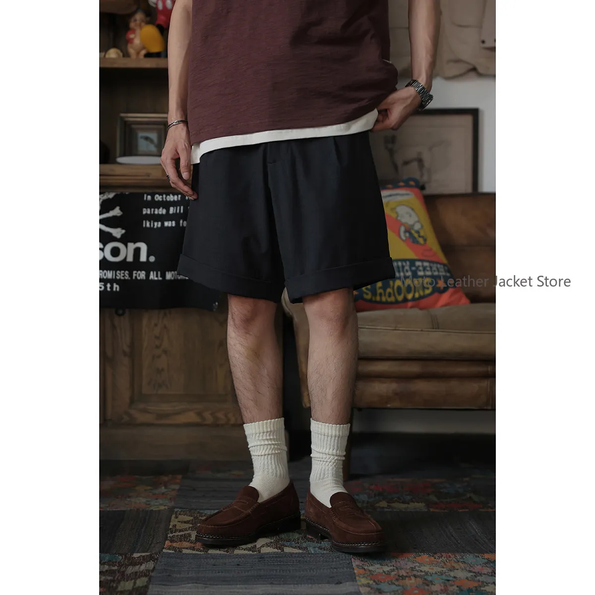 Secondorder SS23 Belted Pants Vintage Belted Waist Single Pleat Straight Loose Formal Shorts