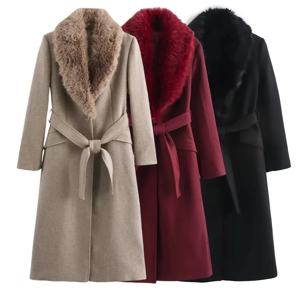 

autumn and wintecoat mediumr new women's clothing detachable fur collar tie and long woolen coat for women