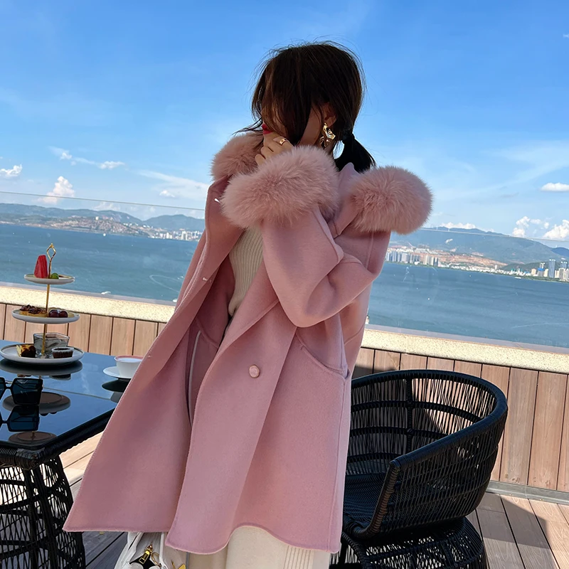 

Women's Double-Sided Wool Coat Casual Mid-Length Jacket Loose Double-Breasted Hooded Cardigan with Fox Fur Sleeves
