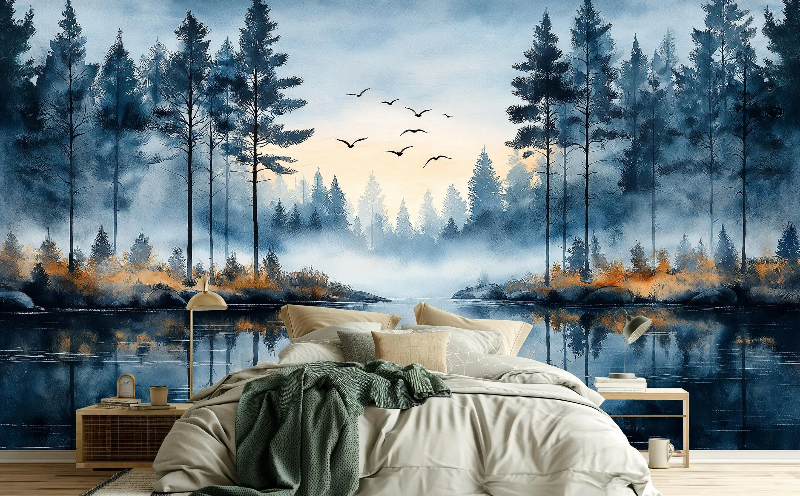 Customized Wallpaper Mist Mountain Forest Pink Flower Tree Wallpaper Home Decoration Living Room Bedroom Cedar Forest 3d murals