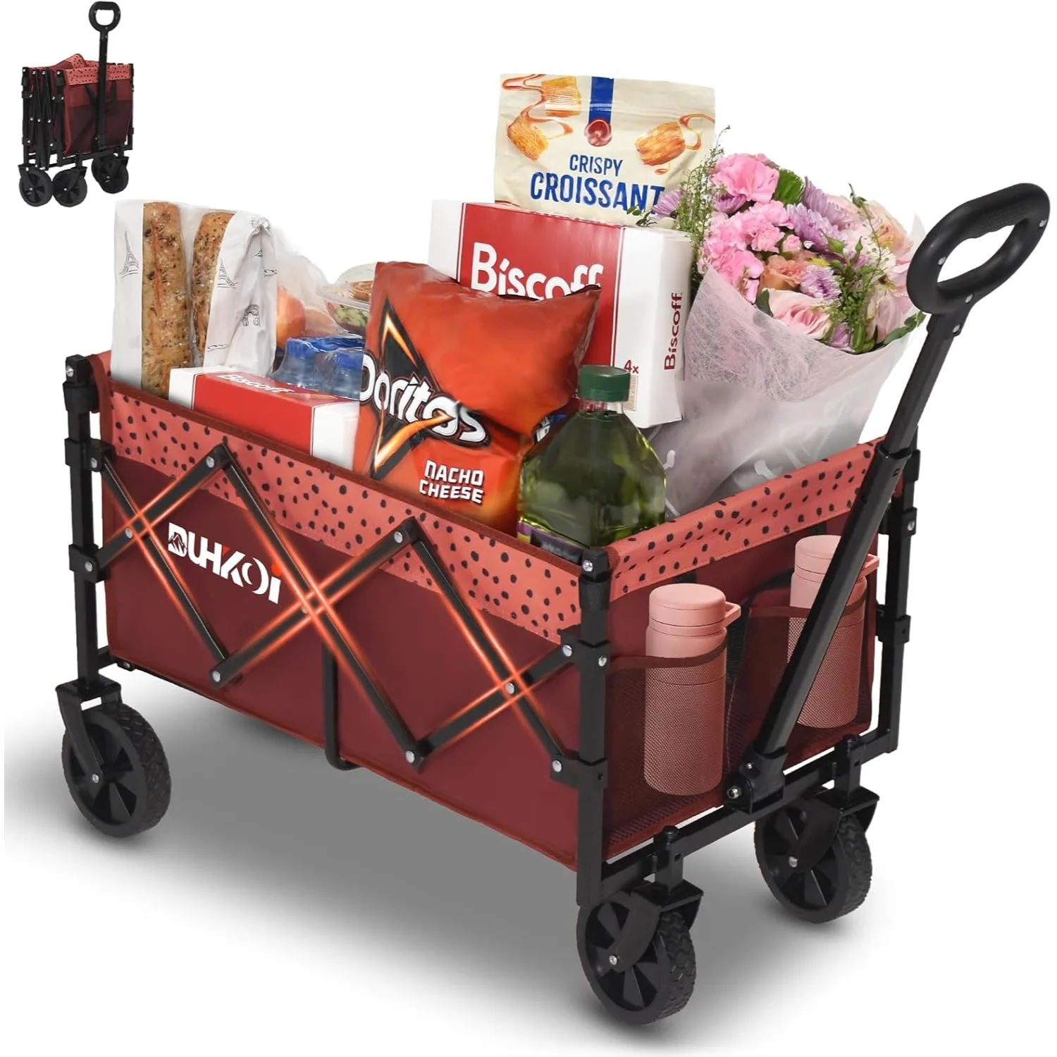 

Collapsible Wagon Cart with Wheels Foldable, 11 Lbs Lightweight Portable Folding Utility Wagon, 90L Heavy Duty Grocery Shopping