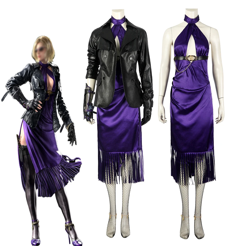 

Nina Williams Cosplay Outfits Women Sexy Crossed Cutout Purple Dress PU Leather Jacket Suit Halloween Fantasia Battle Gown