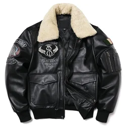 New Wool Collar Air Force Flight Jacket Natural Cowhide Genuine Leather Coat Men's Embroidery Jackets Fashion Motorcycle Cloth