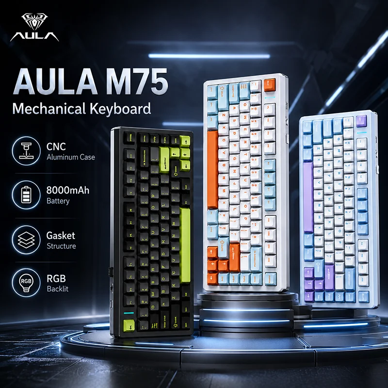 AULA M75 メカニカルキーボード トリモード ワイヤレス Bluetooth 5G 2.4G 有線 CNC アルミケース RGB バックライト ホットスワップ ガスケット ゲーミング