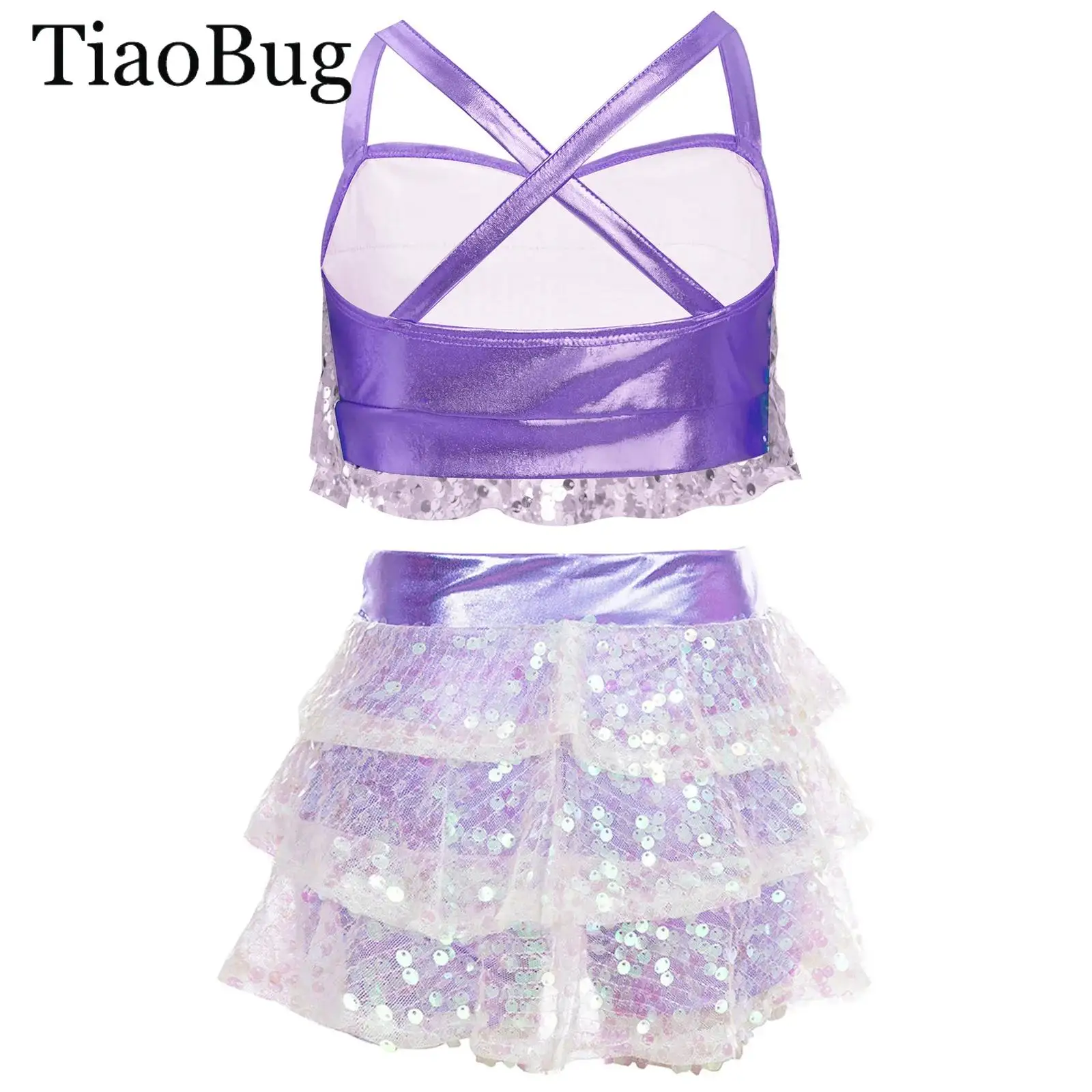 

Girls Ballet Jazz Dance Outfit Glitter Sequin Metallic Crop Top with Tiered Culottes Skirted Shorts Latin Cheerleading Costumes