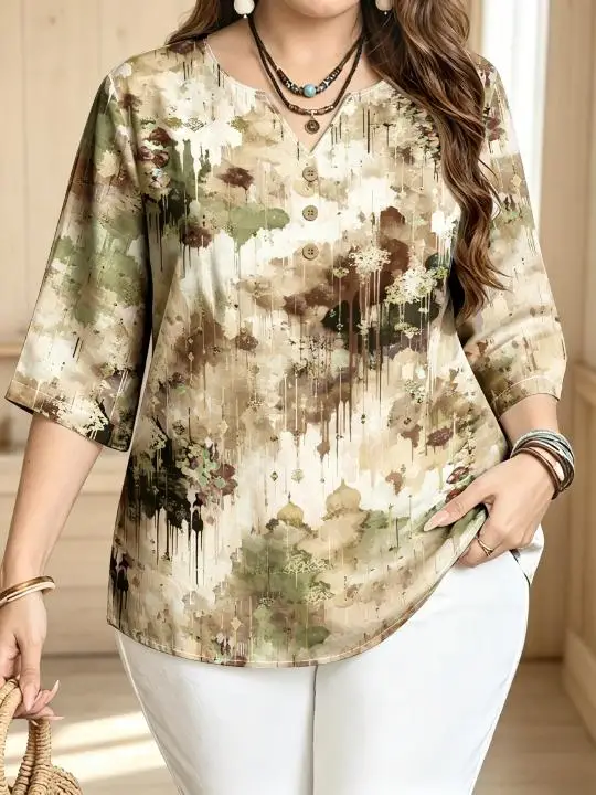 Women 3/4 Sleeve V‑Neck Blouse Button Detail Watercolor Abstract Ink Wash Art Print Loose Casual Ladies Tops