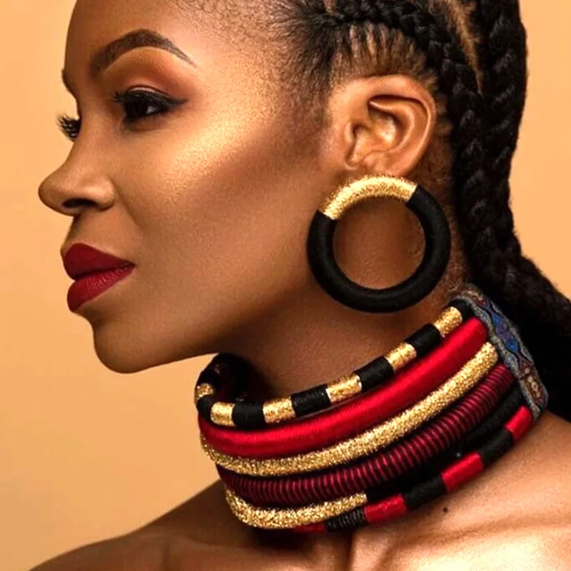 Multilayer Tribal Choker Earrings Set Colorful Rope Weave African Necklaces Woven Chunky Bib Statement Torque Clasps Necklace