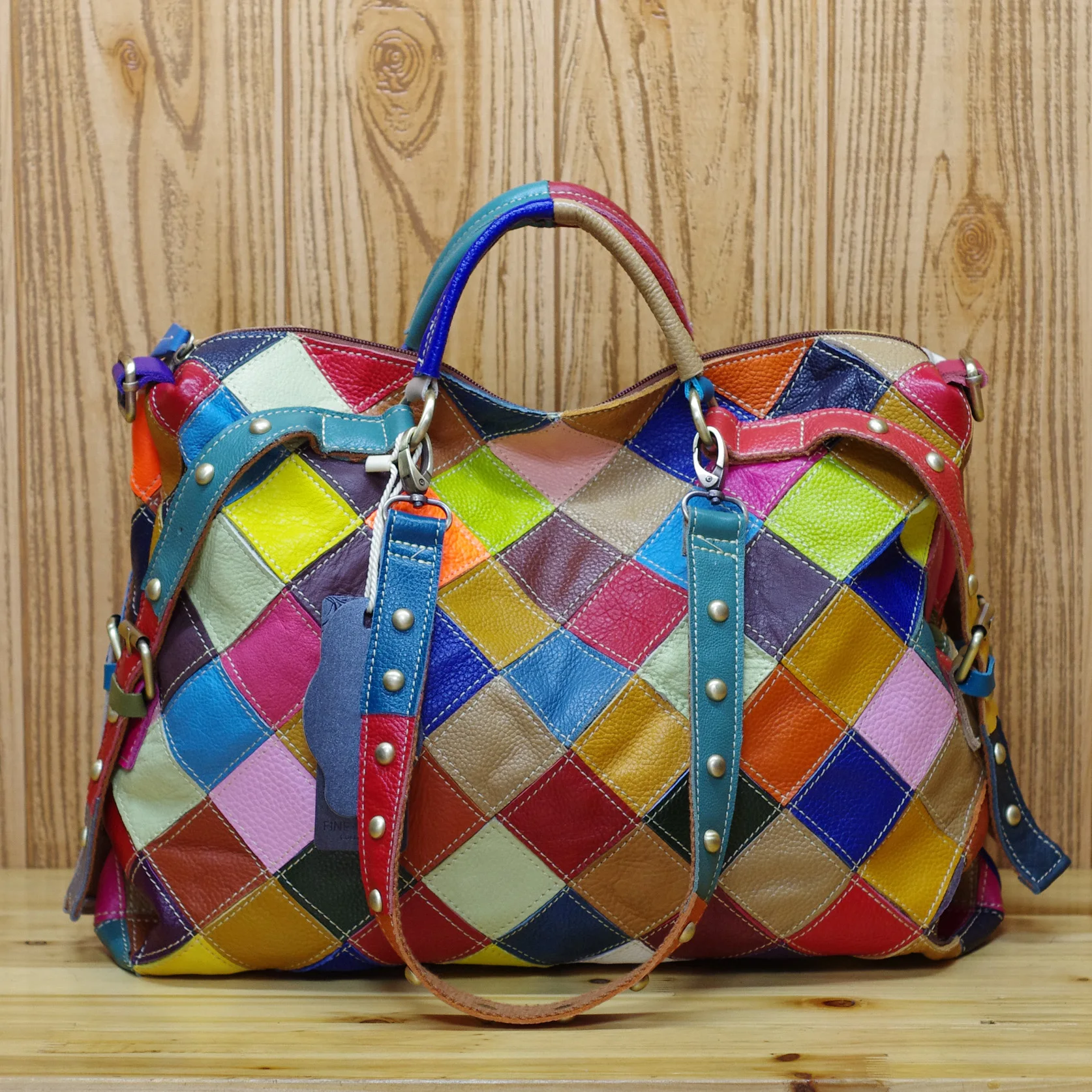 Leather cowhide color random color plaid color national style handbag shoulder crossbody bag Tote bag