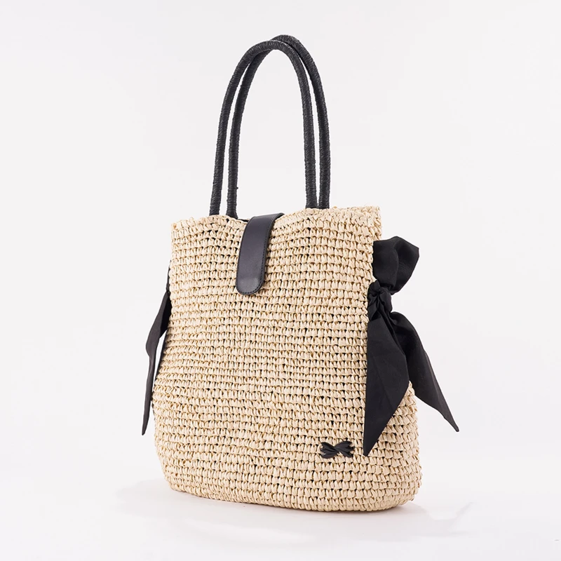 

French Style Handwoven Shoulder Bag, Women's Straw Tote Bag With Bow Accent, Large Capacity Vacation Tote For Beach & Daily Use