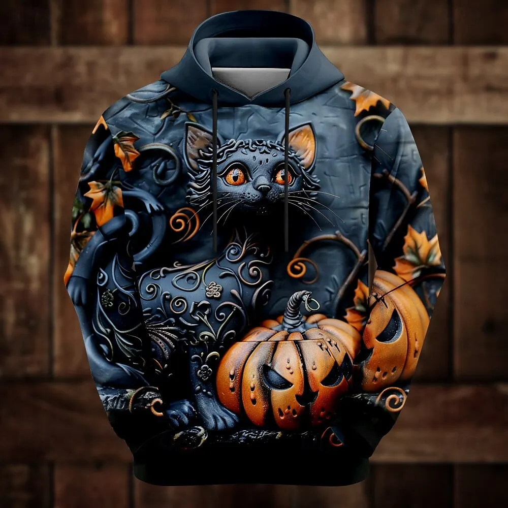 Fashion 3D Pumpkin Print Men\'s Hoodies Funny Cat Pattern Sweatshirts Hip Hop Trend Halloween Clothing Autumn Oversized Pullover