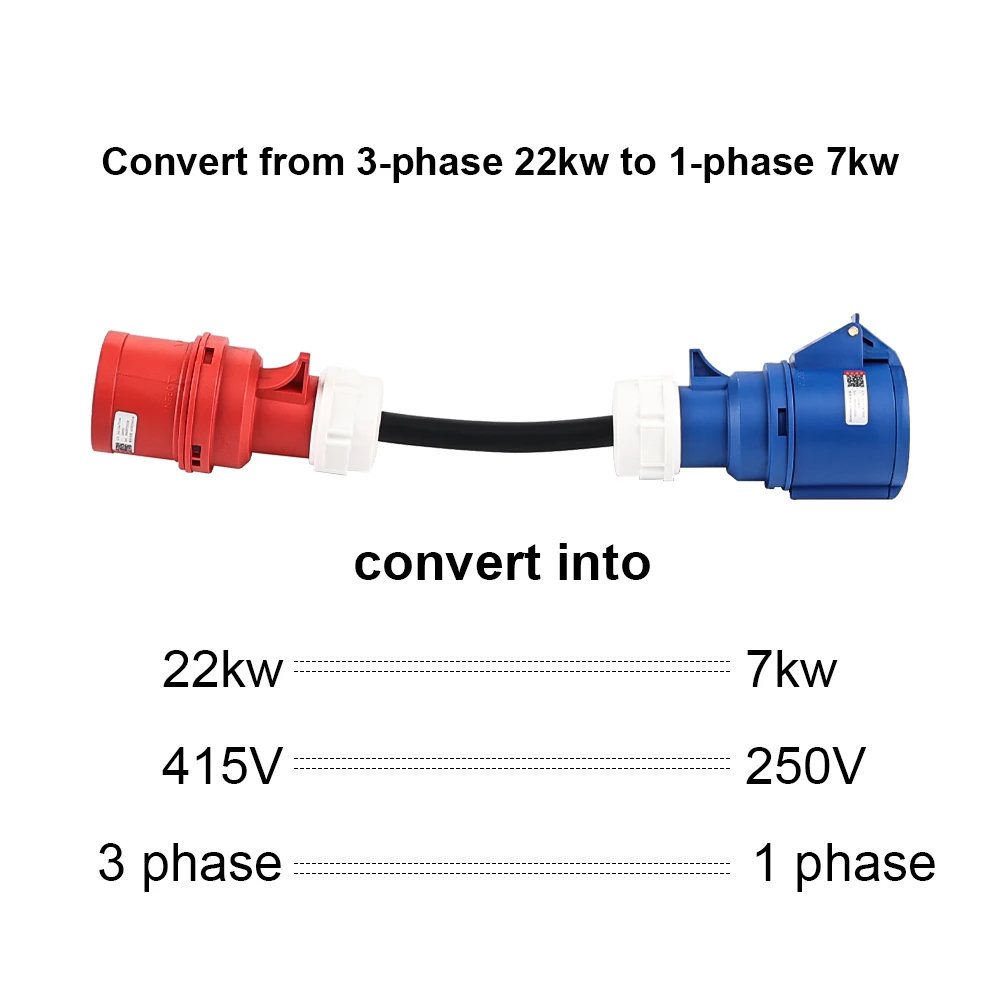 IPENGEN Electric Vehicle Charging Adapter Convert 22kw to 7kw 3phase to 1phase 32A CEE Red Male 5pin to Blue Female 3pin