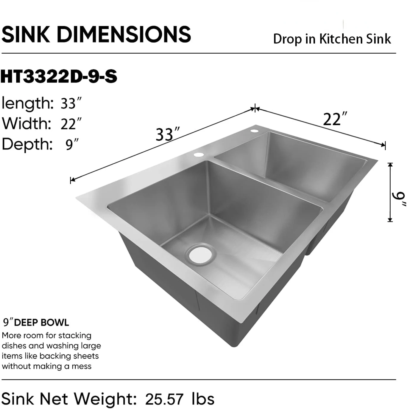 Cair no Duplo Tigela Pia da Cozinha, Aço Inoxidável 304, Acabamento Satin, HT3322D-9-S, Pia Apenas, 18 Gauge, 33x22x9"