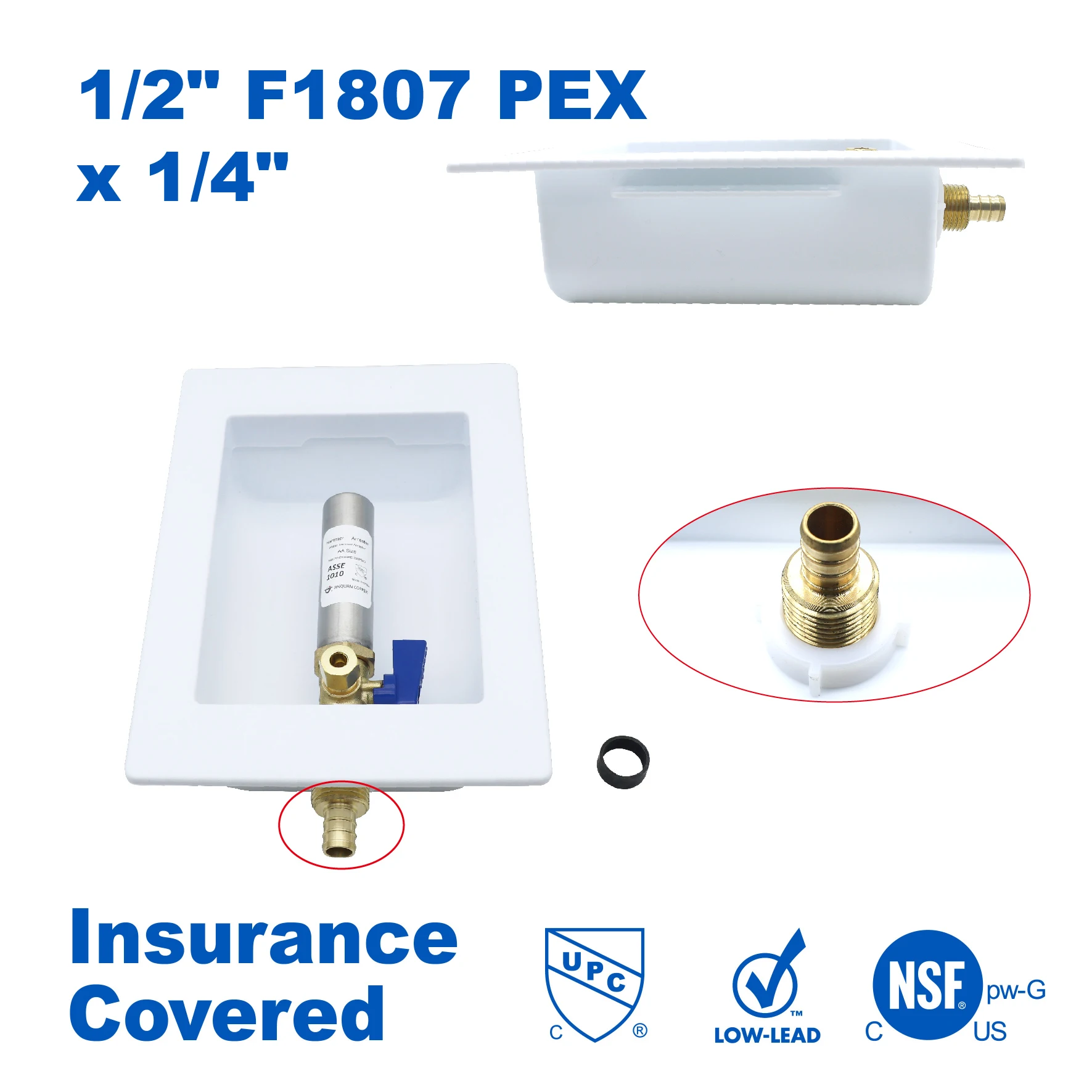 

KING SMART F1807 PEX Ice Maker Outlet Box with SS Water Hammer Arrestor; 1/4" Comp. OD outlet, 1/4 Turn; 1 Pcs/Case; 81204