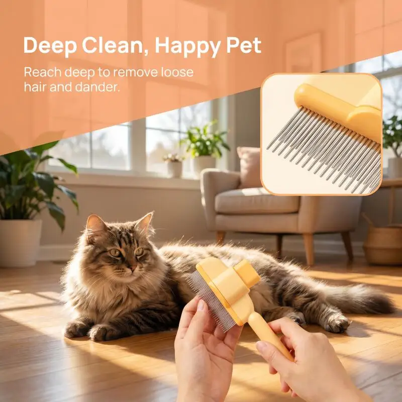 Pet Hair Removal Comb One-Click Self-Cleaning Grooming Brush, De-Shedding Comb for Short & Long Hair, Pet Grooming Supplies