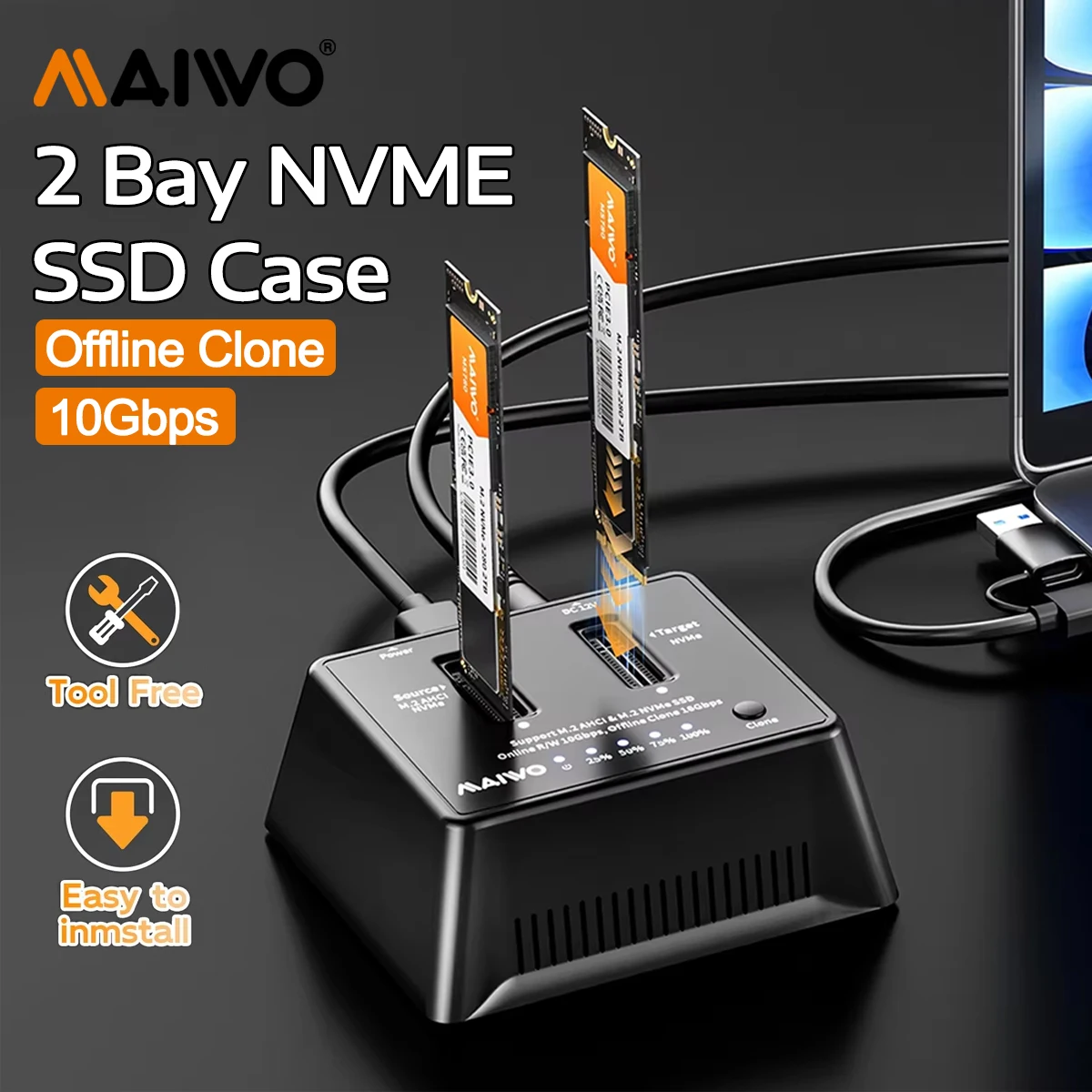 boitier-ssd-nvme-double-baie-maiwo-support-de-clonage-hors-ligne-station-d'accueil-usb-32-gen2-10-gbit-s-capacite-8-to-pour-pc